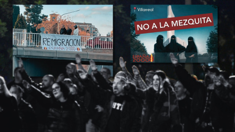 Fotomontaje con imágenes de archivo de España 2000 difundidas por ese partido ultra y uno de los carteles utilizados contra la instalación de la mezquita en Vila-real.