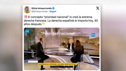 El tuit de Silvia Intxaurrondo sobre el origen del concepto "prioridad nacional". El tuit de Silvia Intxaurrondo sobre el origen del concepto "prioridad nacional".