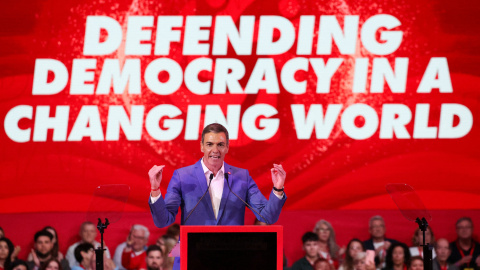 El presidente del Gobierno, Pedro Sánchez, durante la cumbre Global Progressive Mobilisation en Barcelona.