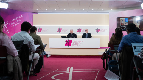 Rueda de prensa en la sede Conferencia Episcopal Española, en una imagen del pasado 24 de abril de 2026, en Madrid.