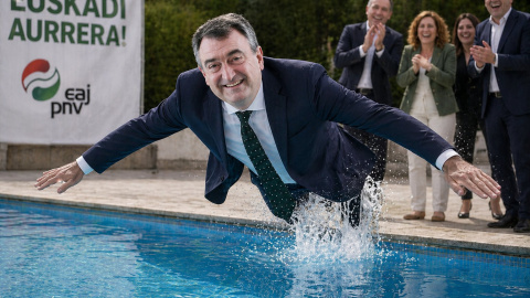 Imagen generada por Inteligencia Artificial del líder del PNV, Aitor Esteban, lanzándose a una piscina.