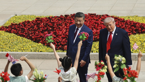El presidente de EEUU Donald Trump en la ceremonia de bienvenida con el presidente Xi Jinping.