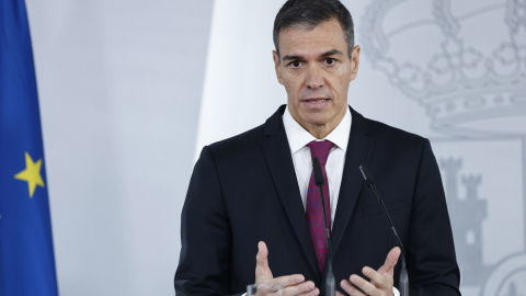 El presidente del Gobierno, Pedro Sánchez, durante su intervención en una rueda de prensa.