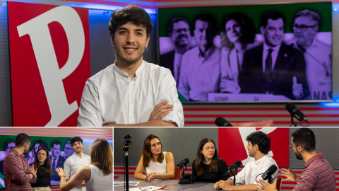 Fotomontaje de algunos miembros del equipo de vídeo y de política de 'Público' en el estudio de la redacción Fotomontaje de algunos miembros del equipo de vídeo y de política de 'Público' en el estudio de la redacción