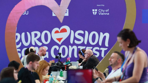 El logo de Eurovision en la sala de prensa. El logo de Eurovision en la sala de prensa.