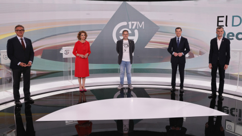 Manuel Gavira, María Jesús Montero, José Ignacio García, Juanma Moreno y Antonio Maíllo, en el debate de Canal Sur el lunes 11 de mayo.