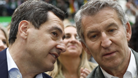 moreno bonilla El presidente del PP, Alberto Núñez Feijóo, y el candidato popular a las elecciones de Andalucía y actual presidente de la Junta, Juanma Moreno, durante un acto de campaña.