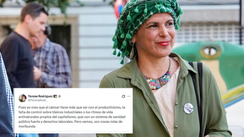 Fotomontaje con un tuit de Teresa Rodríguez en el que habla de los factores que influyen en tener cáncer. Fotomontaje con un tuit de Teresa Rodríguez en el que habla de los factores que influyen en tener cáncer.