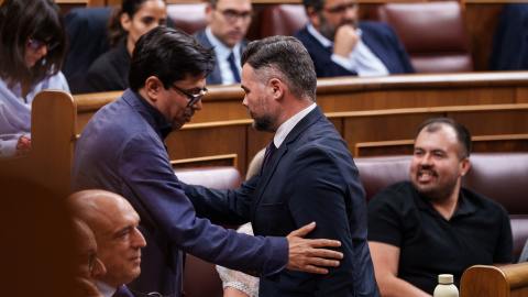 El portavoz de Comuns, Gardo Pisarello, y el portavoz de ERC, Gabriel Rufián, se saludan en el hemiciclo del Congreso.