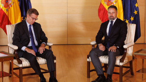 El lider del PP, Alberto Núñez Feijóo (i) y el líder de VOX, Santiago Abascal (d) en una reunión en el Congreso de los Diputados, a 5 de septiembre de 2023. El lider del PP, Alberto Núñez Feijóo (i) y el líder de VOX, Santiago Abascal (d) en una reunión en el Congreso de los Diputados, a 5 de septiembre de 2023.