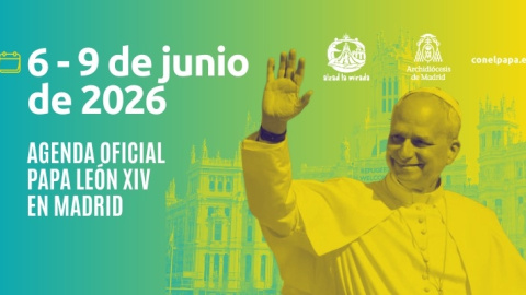 Cartel publicitario de la Agenda oficial del papa León XIV en Madrid. Cartel publicitario de la Agenda oficial del papa León XIV en Madrid.