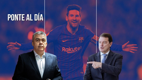 Montaje del exsecretario de Organización del PSOE, Santos Cerdán; el presidente de Castilla y León, Alfonso Fernández Mañueco; y el jugador de fútbol, Leo Messi.