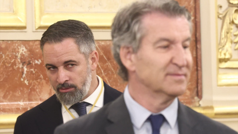 Abascal y feijóo Alberto Núñez Feijóo y Santiago Abascal, durante la visita de León XIV en el Congreso.