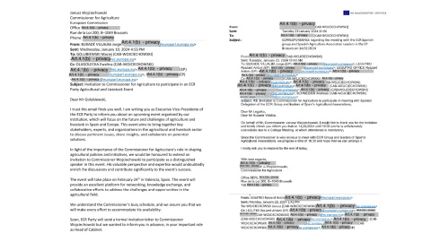 Imágenes de la correspondencia entre Jorge Buxadé y el entonces comisario de Agricultura, Janusz Wojciechowski, a comienzos de 2024. Imágenes de la correspondencia entre Jorge Buxadé y el entonces comisario de Agricultura, Janusz Wojciechowski, a comienzos de 2024.
