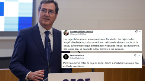 Fotomontaje de Antonio Garamendi, presidente de la CEOE, en la jornada sobre el "absentismo". Fotomontaje de Antonio Garamendi, presidente de la CEOE, en la jornada sobre el "absentismo".