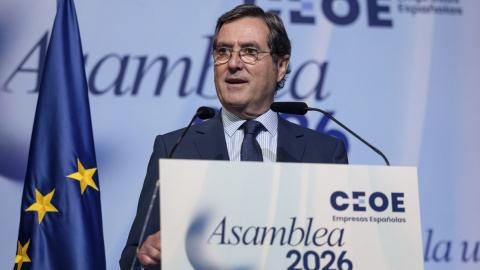 garaceoe Antonio Garamendi, presidente de la Confederación Española de Organizaciones Empresariales (CEOE), interviene en la Asamblea General 2026 de la CEOE, este miércoles en Madrid.