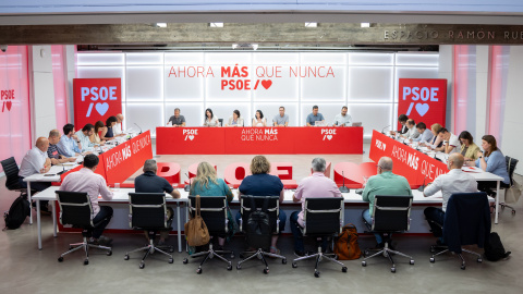 Reunión de la Secretaría de Organización del PSOE en Ferraz con los secretarios de Organización territoriales el pasado miércoles.