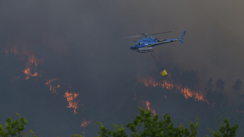 Labores de extinción de un incendio forestal, a 14 de junio de 2026, en Boborás, Ourense.