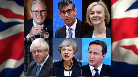 Los seis últimos primeros ministros de Reino Unido Keir Starmer, Rishi Sunak, Liz Truss, Boris Johnson, Theresa May y David Cameron.
