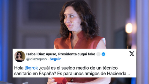 Una foto de Isabel Díaz Ayuso y la captura de un tuit de una cuenta parodia.