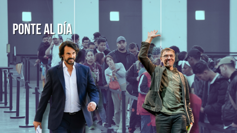 Montaje de Alberto González Amador, pareja de Isabel Díaz Ayuso, y el fundador de Podemos, Juan Carlos Monedero, con personas migrantes pidiendo la regularización extraordinaria de fondo. Montaje de Alberto González Amador, pareja de Isabel Díaz Ayuso, y el fundador de Podemos, Juan Carlos Monedero, con personas migrantes pidiendo la regularización extraordinaria de fondo.