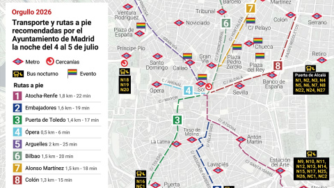 Mapa con transporte público y rutas a pie recomendadas por el Ayuntamiento de Madrid en la noche del 4 al 5 de julio. Mapa con transporte público y rutas a pie recomendadas por el Ayuntamiento de Madrid en la noche del 4 al 5 de julio.