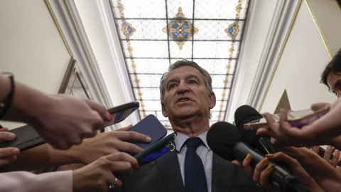 El líder del PP, Alberto Núñez Feijóo, atiende a la prensa en los pasillos del Congreso. El líder del PP, Alberto Núñez Feijóo, atiende a la prensa en los pasillos del Congreso.