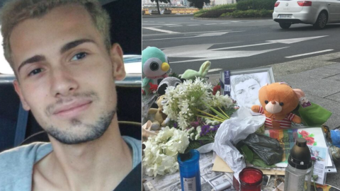 A la izquierda, Samuel Luiz, junto a una fotografía de varios objeto depositados en el lugar donde fue asesinado. A la izquierda, Samuel Luiz, junto a una fotografía de varios objeto depositados en el lugar donde fue asesinado.
