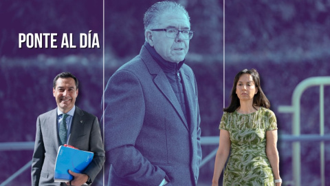 Montaje del candidato a la presidencia de la Junta de Andalucía, Juanma Moreno Bonilla, y la directora de la Guardia Civil, Mercedes González, sobre un fondo con Francisco Granados.