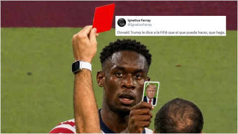Meme con el jugador Folarin Balogun mostrando la 'Trump card'