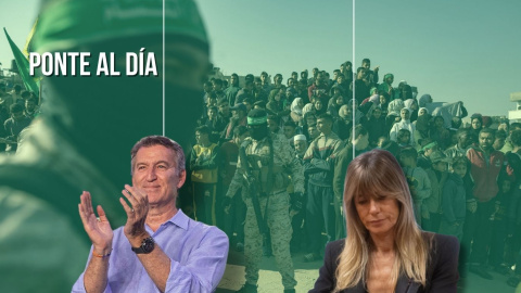 Montaje del líder del PP, Alberto Núñez Feijóo, y Begoña Gómez, sobre un fondo de miembros de la milicia Hamás.
