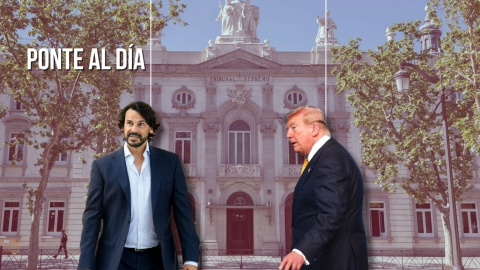 Montaje del novio de Ayuso, Alberto González Amador, y el presidente de EEUU, Donald Trump, sobre un fondo de la fachada del Tribunal Supremo. Montaje del novio de Ayuso, Alberto González Amador, y el presidente de EEUU, Donald Trump, sobre un fondo de la fachada del Tribunal Supremo.