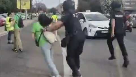 Captura del vídeo en el que el agente de policía empuja a la manifestante por la espalda en València.