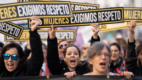 Varias personas sujetan carteles en la manifestación del 25N. Varias personas sujetan carteles en la manifestación del 25N.
