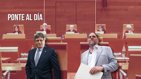 Montaje del líder de Junts, Carles Puigdemont, y el de ERC, Oriol Junqueras, sobre un fondo con el pleno del TJUE.