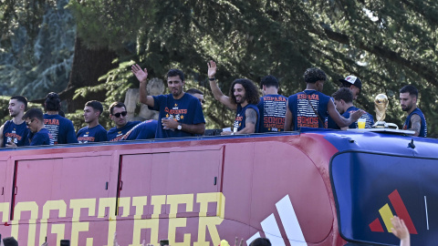 Los jugadores de la selección, en el autobús descapotable de su celebración de la victoria en la Copa del Mundo por las calles de Madrid. Los jugadores de la selección, en el autobús descapotable de su celebración de la victoria en la Copa del Mundo por las calles de Madrid.