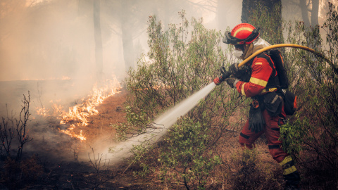 Un bombero trabaja sobre el terreno en la Sierre Oeste de Madrid, este lunes. Un bombero trabaja sobre el terreno en la Sierre Oeste de Madrid, este lunes.