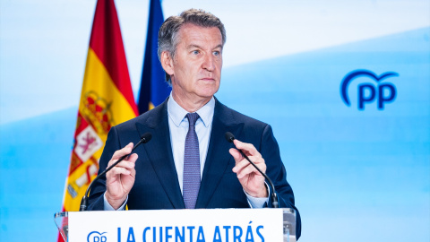 El presidente del Partido Popular, Alberto Núñez Feijóo, durante su comparecencia ante los medios para hacer balance del curso político el pasado 22 de julio. El presidente del Partido Popular, Alberto Núñez Feijóo, durante su comparecencia ante los medios para hacer balance del curso político el pasado 22 de julio.