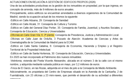Los presupuestos autonómicos contemplaban la venta del inmueble de Gran Vía en 2025, unas "oficinas" situadas en la tercera planta del edificio. Los presupuestos autonómicos contemplaban la venta del inmueble de Gran Vía en 2025, unas "oficinas" situadas en la tercera planta del edificio.