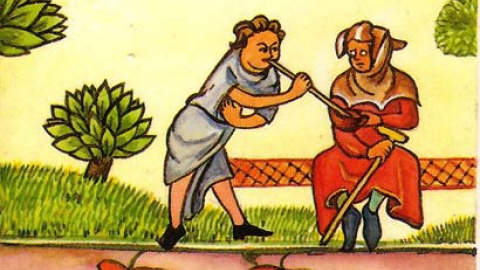 Ilustración en la que un mozo de ciego le hurta vino.