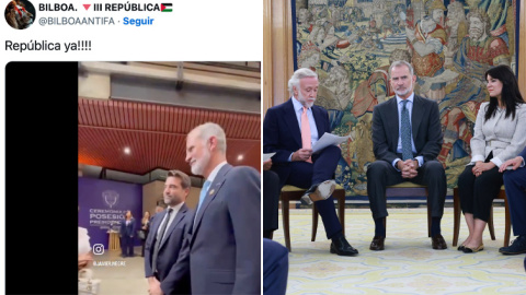 Captura de un tuit que critica la foto de Felipe VI con Javier Negre y, al lado, la foto del rey con el equipo de 'Okdiario'.
