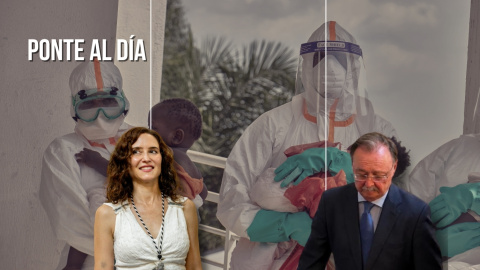 Montaje de la presidenta madrileña, Isabel Díaz Ayuso, y el presidente ceutí, Juan Jesús Vivas, sobre un fondo con dos sanitarios en la República Democrática del Congo.