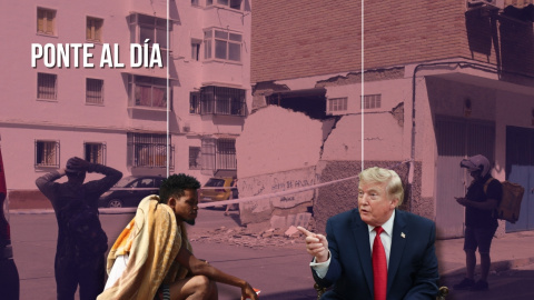 Montaje de un migrante en Ceuta y el presidente de EEUU, Donald Trump, sobre un fondo de Granada afectada por los terremotos. Montaje de un migrante en Ceuta y el presidente de EEUU, Donald Trump, sobre un fondo de Granada afectada por los terremotos.