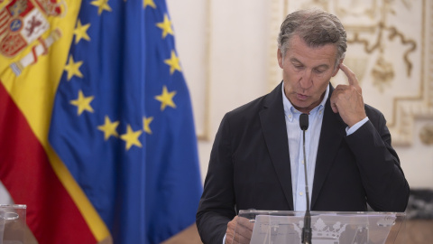 Alberto Núñez Feijóo El presidente del PP, Alberto Núñez Feijóo, en su comparecencia de este miércoles en Ceuta.