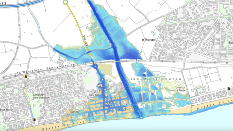 Mapa amb zones de perill per a la població i de risc d'inundació fluvial i de costa en els propers 100 anys al barri de Sant Salvador, al Vendrell (Baix Penedès)