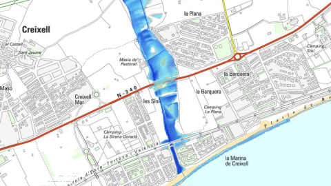 Mapa de la frontera entre Roda de Berà i Creixell, amb el risc de zones inundables per a les poblacions en els propers 100 anys