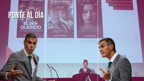 Montaje del presidente del Gobierno, Pedro Sánchez, sobre un fondo de la preselección de películas españolas para los Óscar. Montaje del presidente del Gobierno, Pedro Sánchez, sobre un fondo de la preselección de películas españolas para los Óscar.