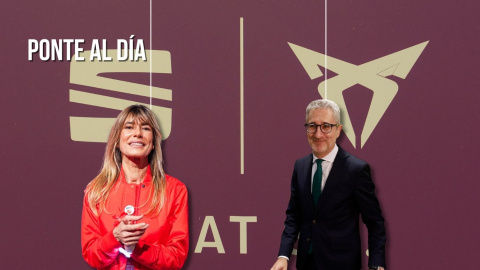 Montaje de Begoña Gómez junto al ministro de Haciendo, Arcadi España, sobre un fondo de la compañía automovilística Seat,