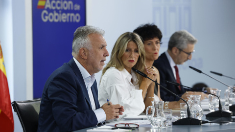 Los ministros Ángel Víctor Torres, Yolanda Díaz, Elma Saiz y Arcadi España, durante la rueda de prensa posterior a la reunión del Consejo de Ministros, este martes 8 de septiembre.