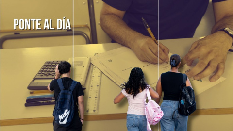 Montaje de varios alumnos sobre el fondo de una persona haciendo un examen.